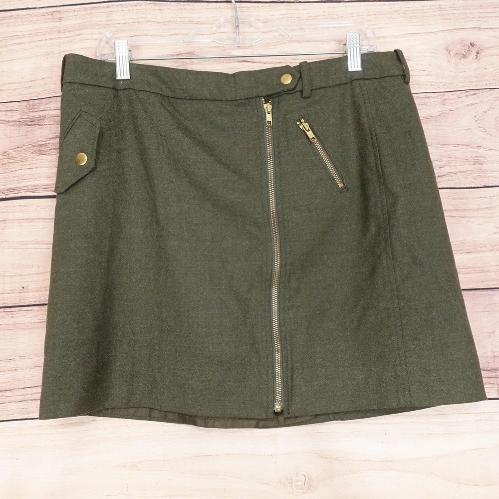 J CREW Skirt Womens 12 Green A-Line Short Lined Twill Zip Pockets Wool Blend